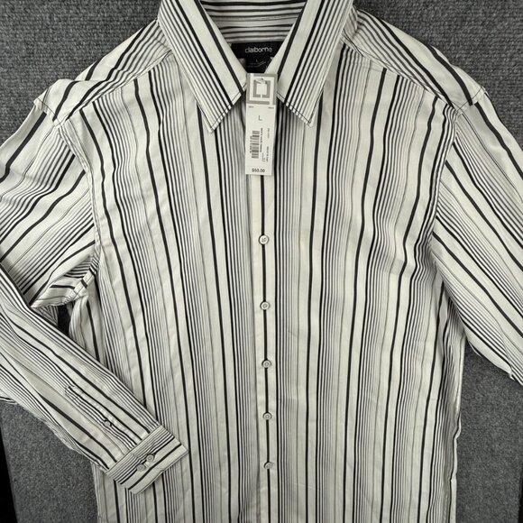 NWD Claiborne Button Up Shirt Long Sleeve Men Striped White Black Gray Large *** - Picture 1 of 16